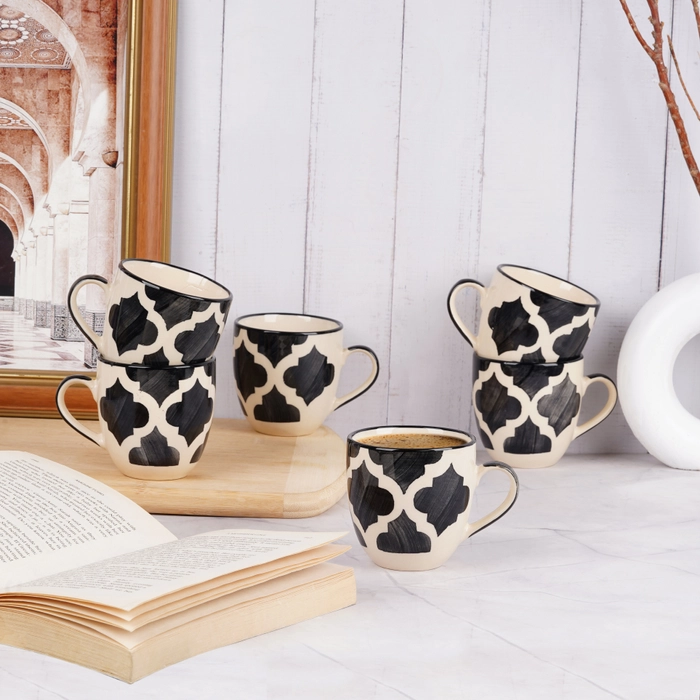 Artisanal Ceramic Black & White Pottery Tea Cups Set