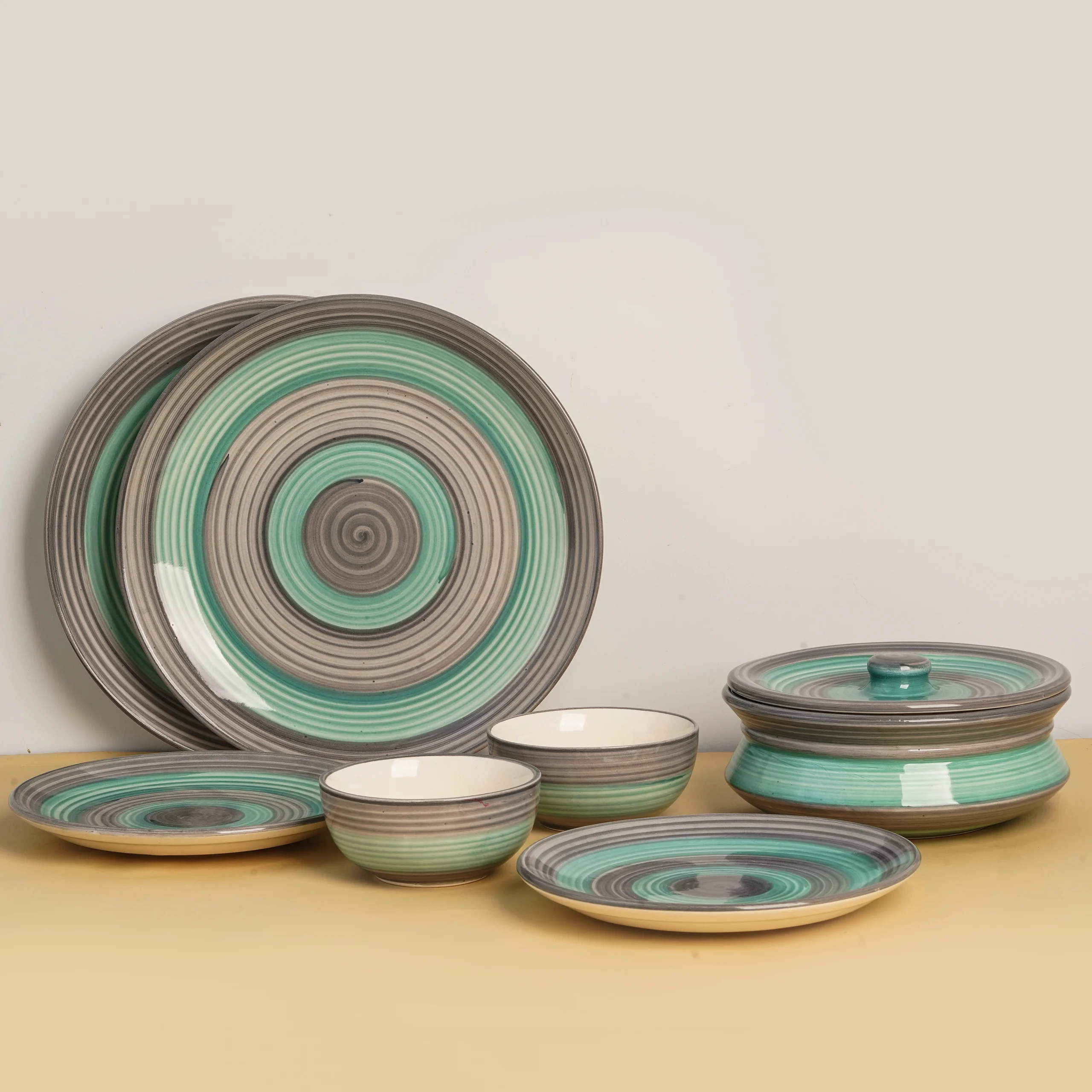 Ceramic Handmade Dinner Set Spiral Grey-Green Design