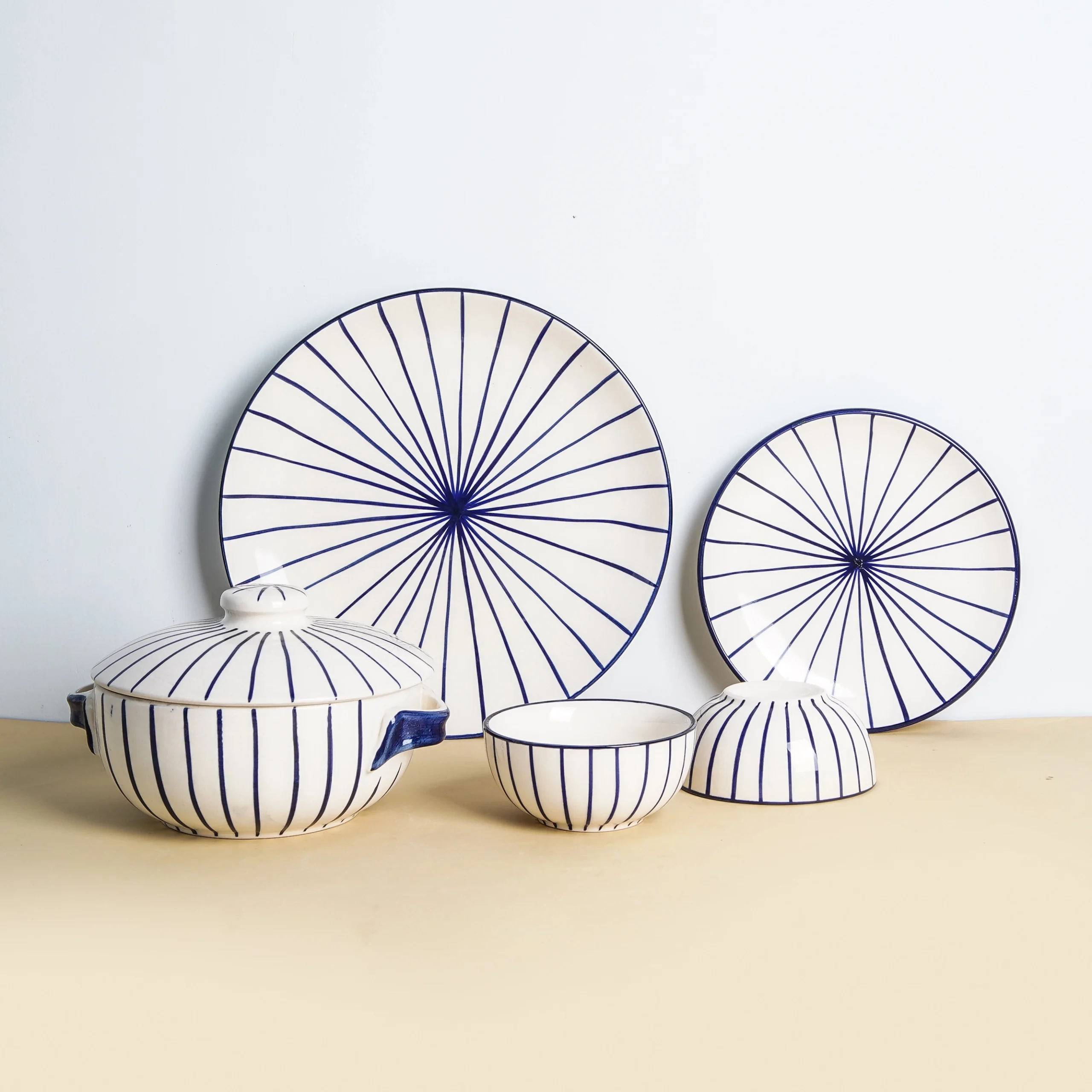 Blue Lining Ceramic Dinner Set with Soup Bowls