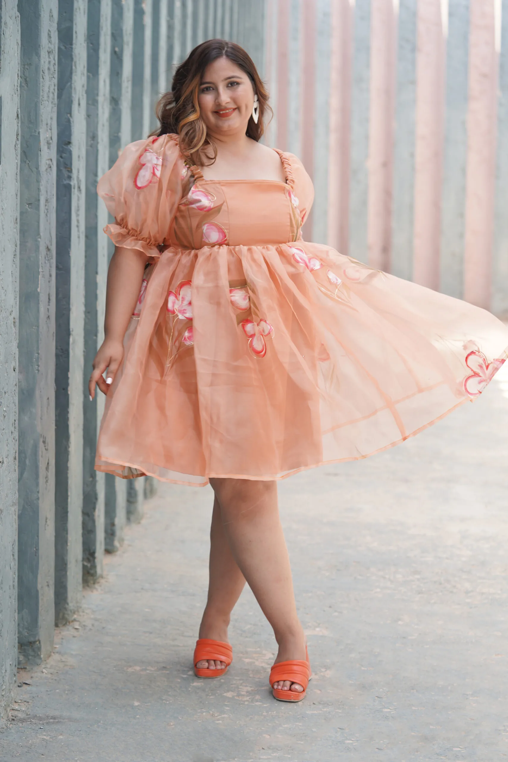 Amara Brush Print Peach Organza Mini Dress