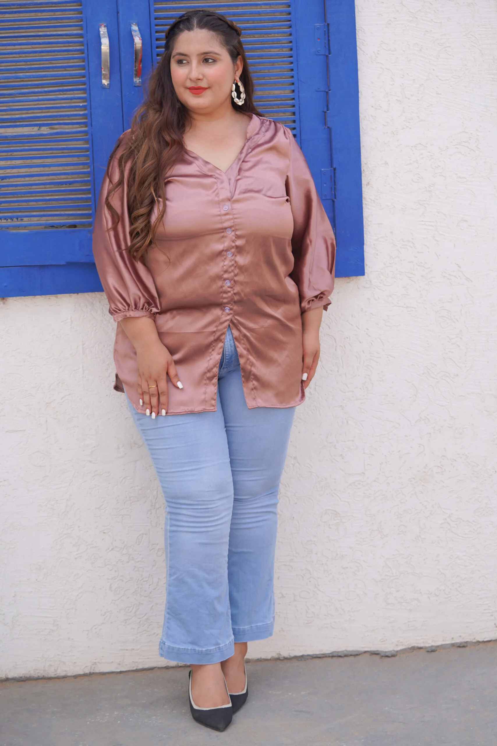 Nude Pink Satin Long Sleeve Women’s Shirt