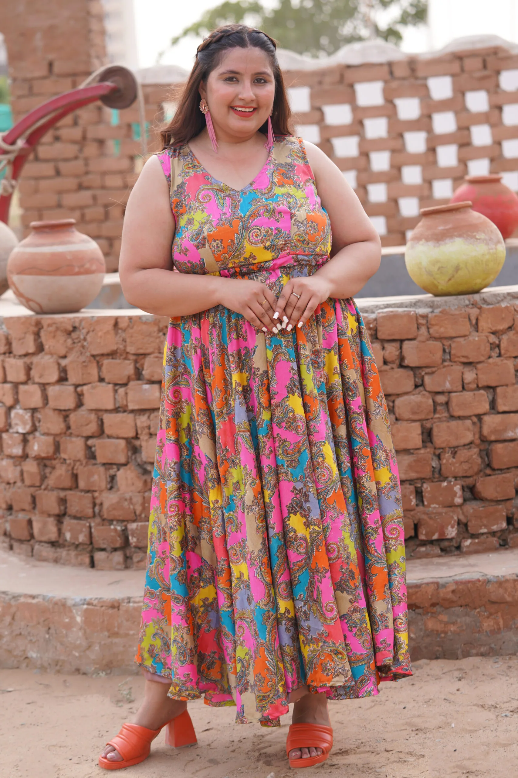 Peach Sleeveless Maxi Ethnic Dress