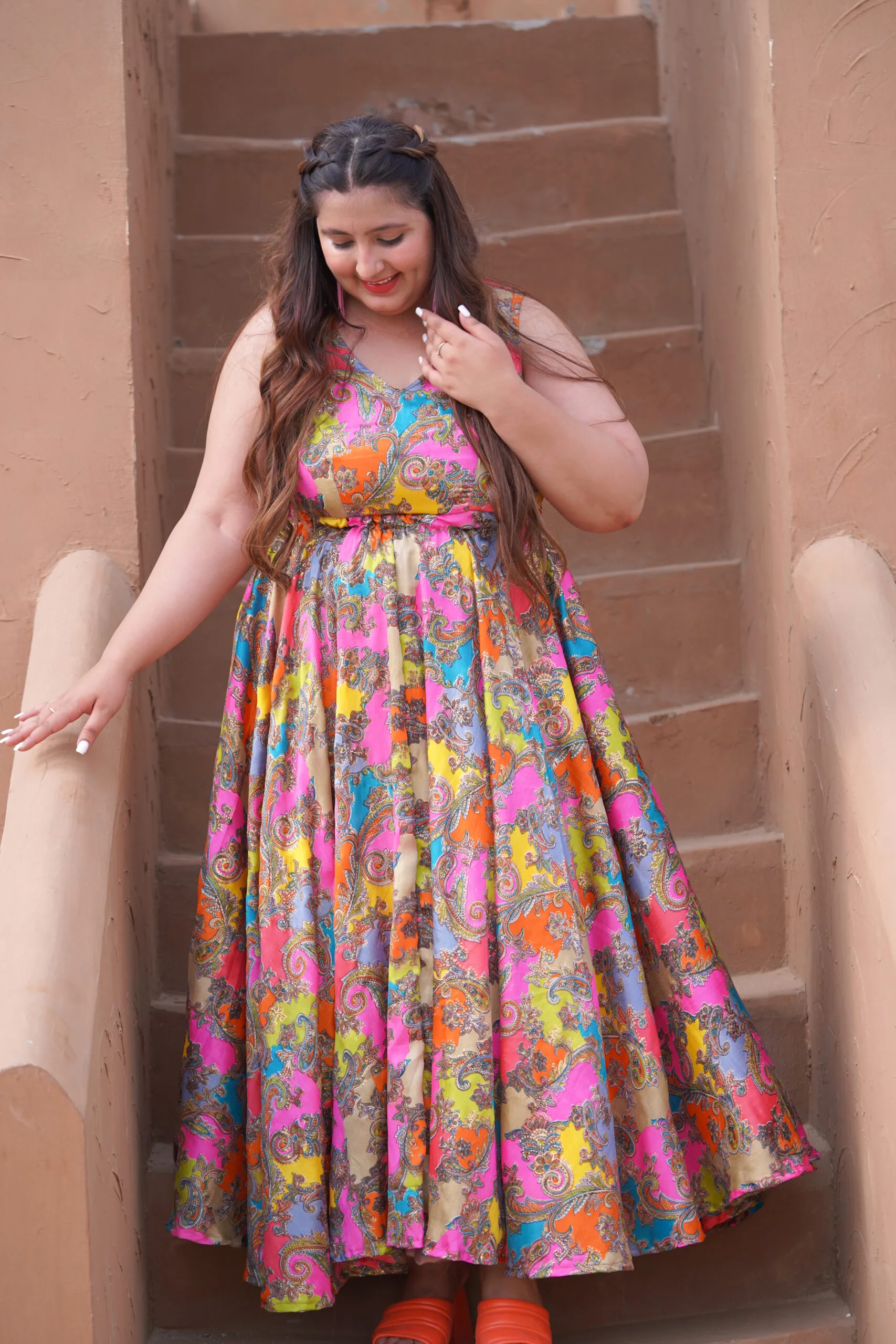 Peach Sleeveless Maxi Ethnic Dress | HANDFOLKCRAFT