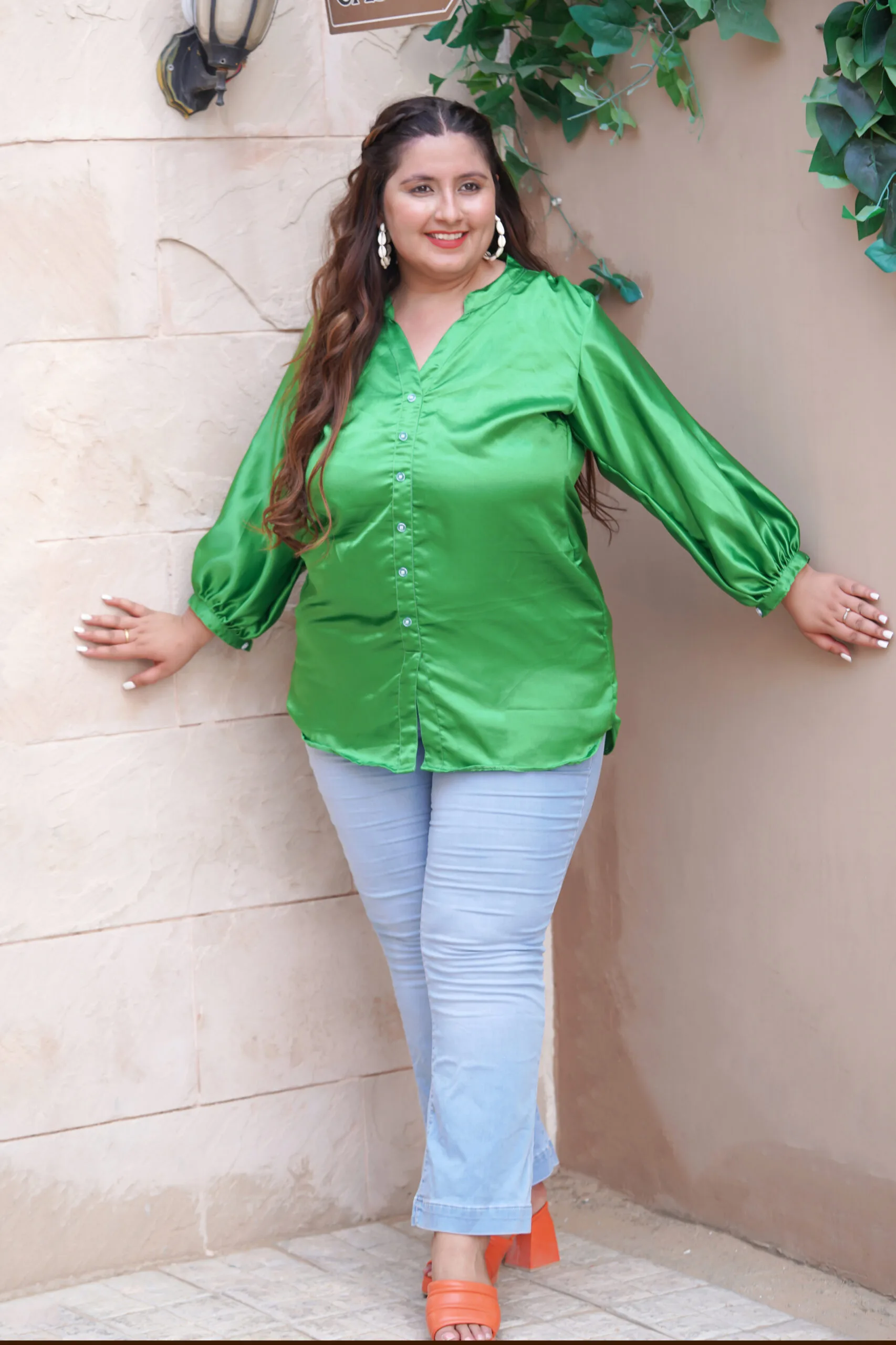 Parrot Green Satin Shirt for Women