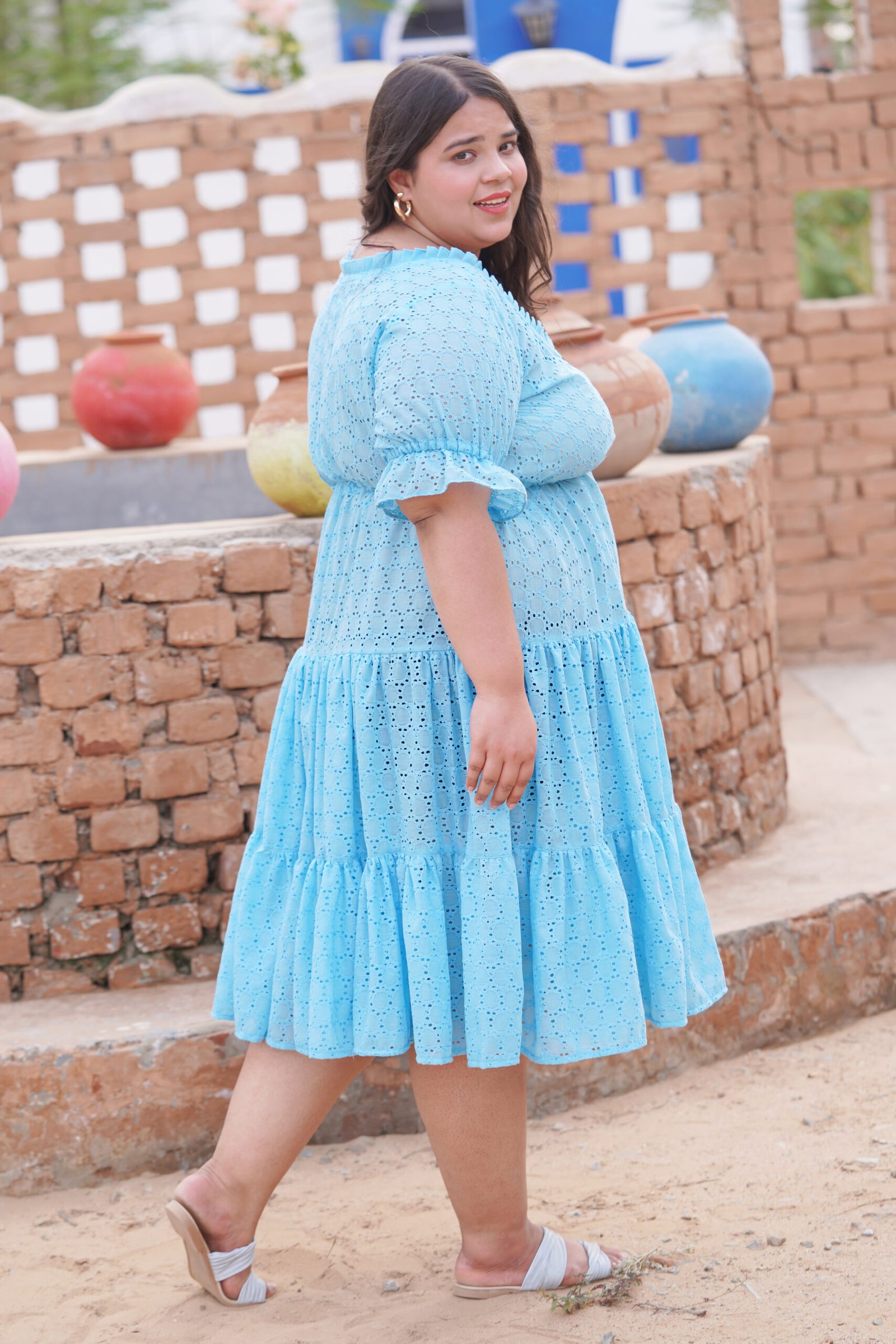 Sky Blue Chickenkari Knee-Length Frill Midi Dress