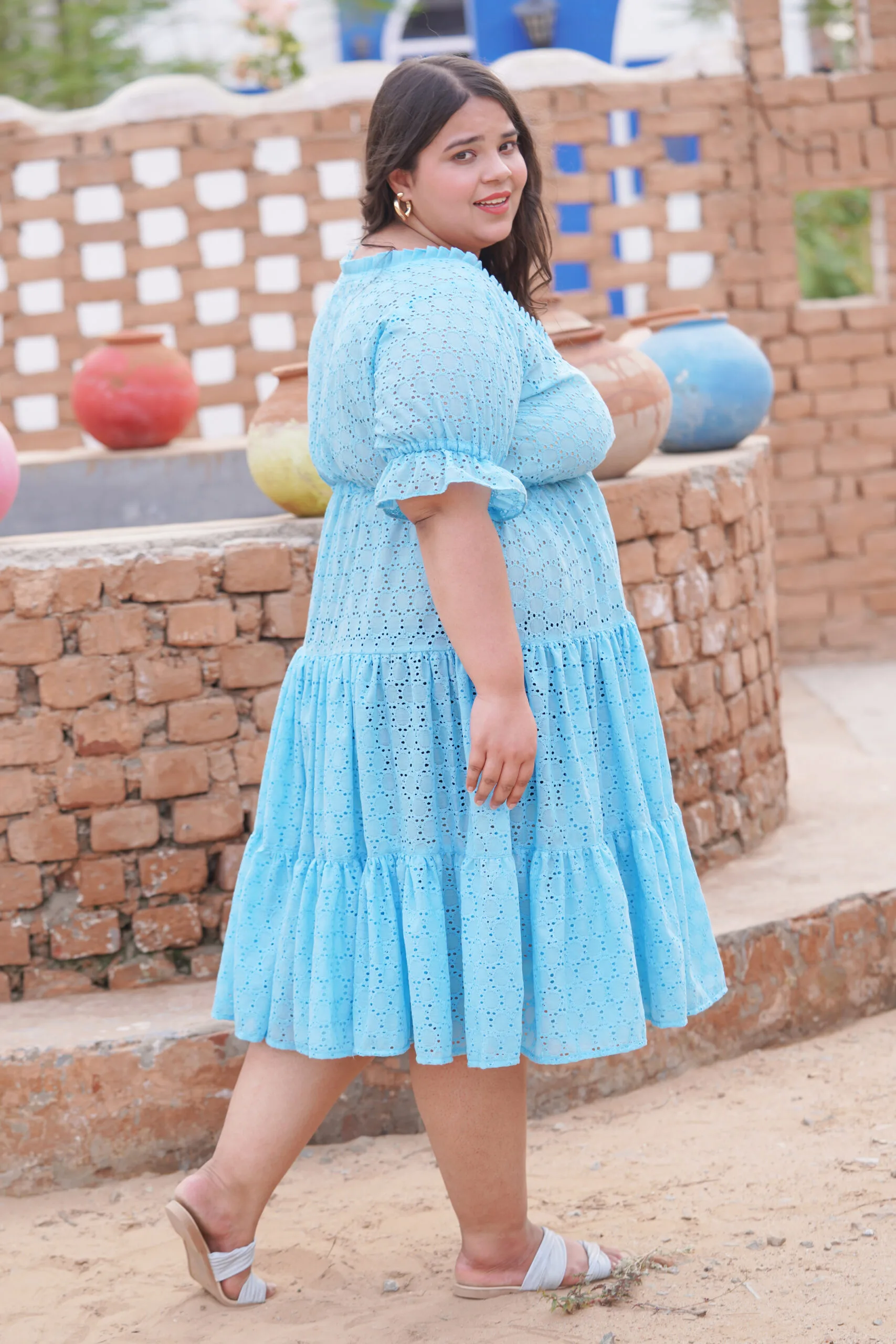 Sky Blue Chikankari Frill Midi Dress