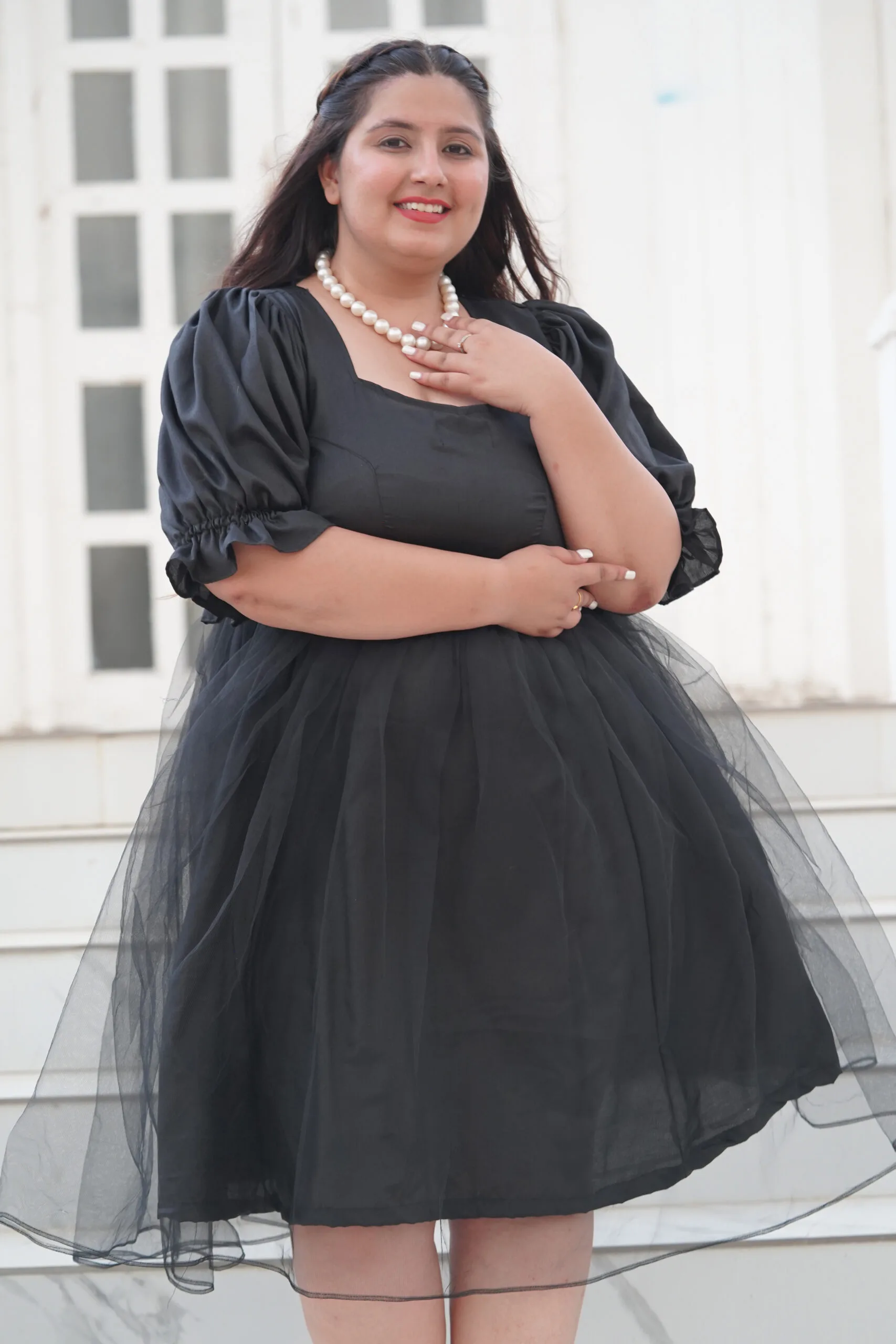 Plus Size Puff Sleeves Empire Net Black Midi Dress